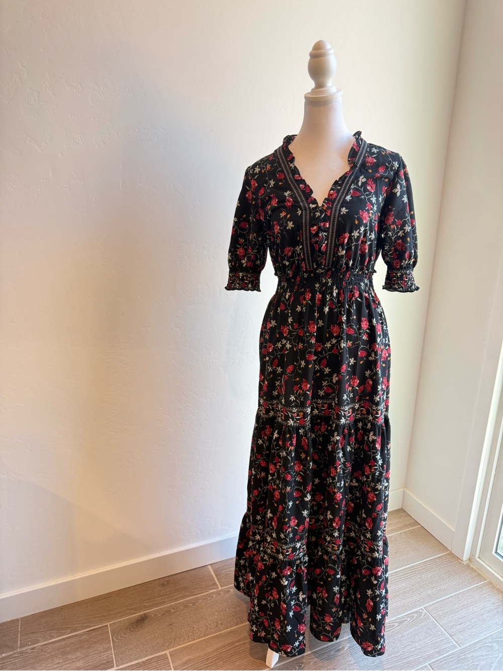 Max Studio Black Floral Maxi Dress with Pink & Red Accents